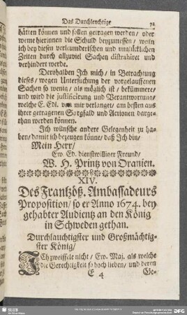 XIV. Des Frantzöß. Ambassadeurs Proposition, so er Anno 1674. bey gehabter Audientz an den König in Schweden gethan