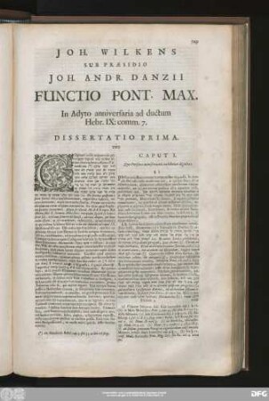 Ioh. Wilkens Sub Praesidio Ioh. Andr. Danzii Functio Pont. Max. In Adyto anniversaria ad ductum Hebr. IX:comm. 7.