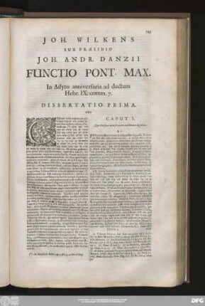 Ioh. Wilkens Sub Praesidio Ioh. Andr. Danzii Functio Pont. Max. In Adyto anniversaria ad ductum Hebr. IX:comm. 7.