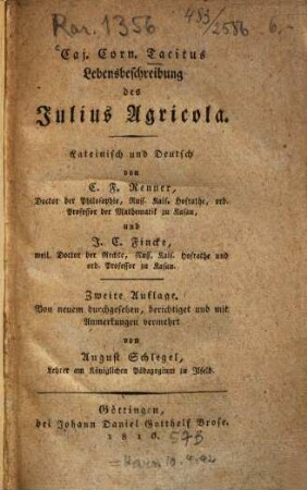 Cai. Corn. Tacitus Lebensbeschreibung des Julius Agricola