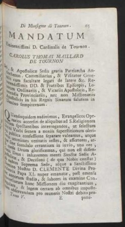 Mandatum Eminentissimi D. Cardinalis de Tournon. Carolus Thomas Maillard de Tournon