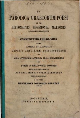 De parodica Graecorum poesi et de Hipponactis, Hegemonis, Matronis parodiarum fragmentis