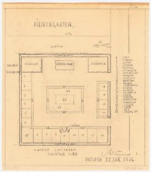 Ausstellungsgarten Jubiläums-Gartenbau-Ausstellung 1926, Dresden: Grundriss Bienengraten 1:150