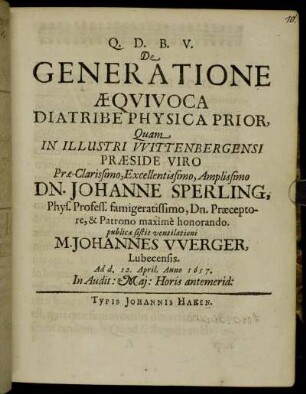 De Generatione Aequivoca : Diatribe Physica Prior