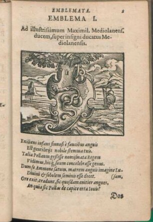 Emblema I. Ad illustrissimum Maximil. Mediolanens. ducem, super insigni ducatus Mediolanensis.