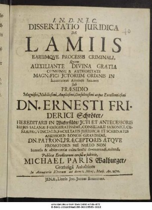 Dissertatio Iuridica De Lamiis Earumque Processu Criminali