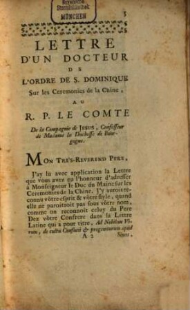 Lettre D'Un Docteur De L'Ordre De S. Dominique Sur Les Ceremonies De La Chine, Au R. P. Le Comte De La Compagnie De Jesus, Confesseur De Madame La Duchesse De Bourgogne