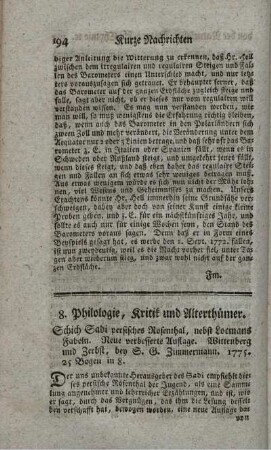 8. Philologie, Kritik und Alterthümer.