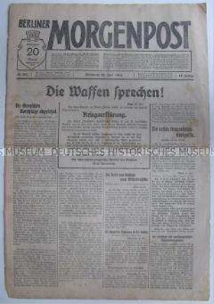 Titelblatt der "Berliner Morgenpost" zur Kriegserklärung Österreich-Ungarns an Serbien