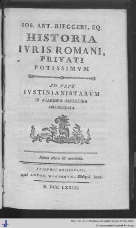 Ios. Ant. Rieggeri historia ivris Romani, privati potissimvm