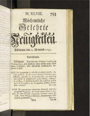 N. XLVIII. Tübingen, den 29. Novemb. 1737