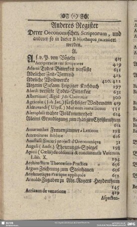 Anderes Register Derer Oeconomischen Scriptorum, und anderer so in dieser B bliotheque [Bibliotheque] recensiret werden