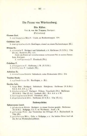 Die Fauna von Württemberg. Die Käfer. (Fortsetzung)