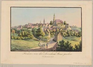 Stadtansicht von Kamenz in der Lausitz mit der Hauptkirche St. Marien von der Straße nach Dresden im Südwesten