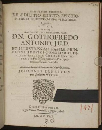 Disputatio Iuridica, De Aedilitio Edicto, Evictionibus, Et De Rescindenda Venditione