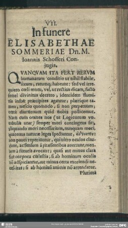 VII. In funere Elisabethae Sommeriae Dn. M. Joannis Schofferi Coniugis