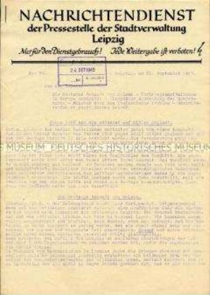 Interner Nachrichtendienst der Stadtverwaltung Leipzig u.a. zu den Verbrechen im KZ Belsen und zu den Plänen Hitlers zur Ausraubung der Sowjetunion ("Nur für den Dienstgebrauch")