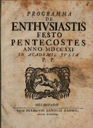 Programma de enthusiastis, festo pentecostes anno 1721 in Academia Iulia p. p.