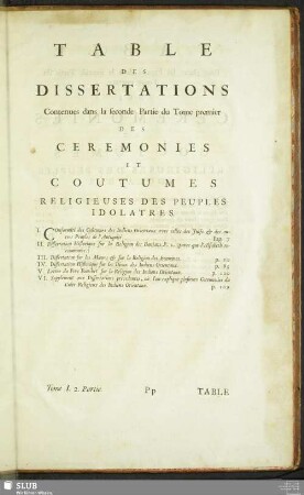 Table Des Dissertations Contenues dans la seconde Partie du Tome premier