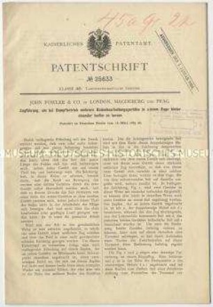 Patentschrift einer Zuführung, um bei Dampfbetrieb mehrere Bodenbearbeitungsgeräte in einem Zuge hintereinander laufen zu lassen , Patent-Nr. 25633