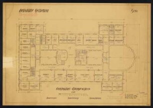 Bad Gottleuba, Heilstätte Gottleuba, Zentralbad, heute Kurmittelhaus. Obergeschoss, Grundriss, Schilling & Graebner, Dresden, um 1910. Lichtpause mit Ergänzungen und Korrekturen, Buntstift, Bleistift, Tinte/Papier. 60 x 85 cm. Maßstab 1 : 100. Bez.: "Heilstätte Gottleuba. Centralbad. Obergeschoss. Bl. 113."