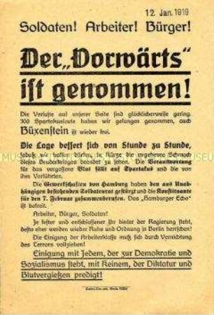 Flugblatt zur Verkündung der Rückeroberung des "Vorwärts", verbunden mit dem Aufruf zur Unterstützung der Regierung