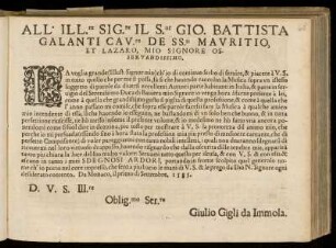Dedikation an Giovanni Battista, Cavaliere de Santi Mauritio de Lazaro, von Giulio Gigli da Immola