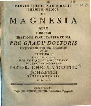 Dissertatio Inauguralis Chemico-Medica De Magnesia