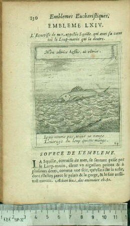Embleme LXIV. L'Ecrevisse de mer, appellée Squille, qui auec sa corne tuë le Loup-marin qui la deuore.