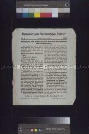 Maueranschlag: Vertagung und Verlegung der Nationalversammlung nach Brandenburg. Extrablatt zum Norddeutschen Courier, Nr. 1; 9. November 1848