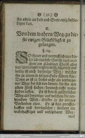 II. Von dem wahren Weg, zu dieser ewigen Glückseligkeit zu gelangen