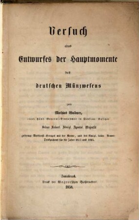 Versuch eines Entwurfes der Hauptmomente des deutschen Münzwesens