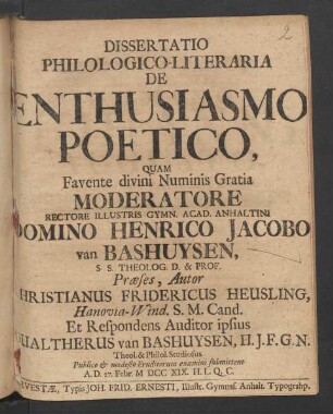 Dissertatio Philologico-Literaria De Enthusiasmo Poetico