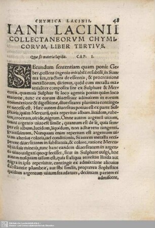 Iani Lancinii Collectaneorum Chymicorum. Liber Tertius.