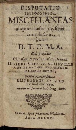 Disputatio Philosophica, Miscellaneas aliquot theses physicas complectens