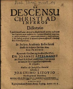 De Descensu Christi Ad Inferos Dissertatio