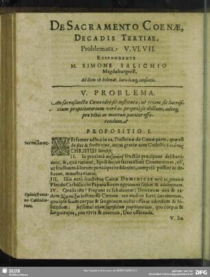 De Sacramento Coenae, Decadis Tertiae, Problemata V. VI. VII. Respondente M. Simone Salichio Magdeburgensi