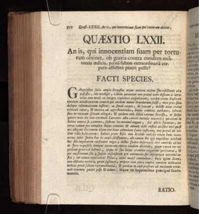 Quæstio LXXII. An is, qui innocentiam suam per torturam obtinet, ..., poena saltem extraordinaria corporis affictiva puniri possit?