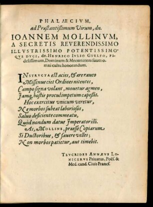 Phalaecium, ad Praestantißimum Virum, dn. Ioannem Mollinum ...