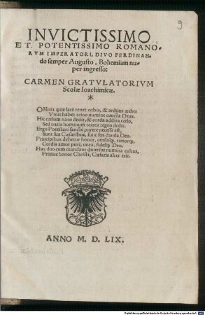 Invictissimo Et Potentissimo Romanorvm Imperatori, Divo Ferdinando Semper Augusto, Bohemiam nuper ingresso: Carmen Gratvlatorivm Scolae Ioachimicae