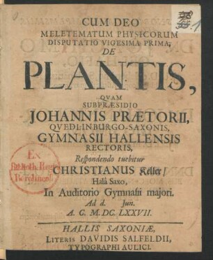 Meletematum Physicorum Disputatio Vigesima Prima De Plantis