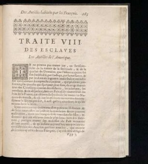 Traité VIII. - Des esclaves des Antilles de l'Amerique.