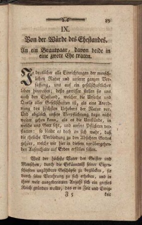 IX. Von der Würde des Ehestandes. An ein Brautpaar, davon beide in eine zwote Ehe traten.