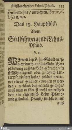 Das 19. Hauptstück, Vom Stillschweigende[n] Lehns-Pfand