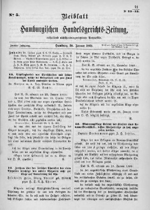 Beiblatt zur hamburgischen Handelsgerichts-Zeitung No. 5. Zweiter Jahrgang. Hamburg, 30. Januar 1869.