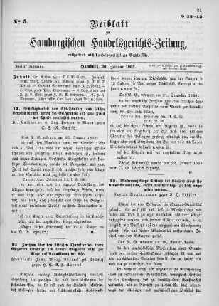 Beiblatt zur hamburgischen Handelsgerichts-Zeitung No. 5. Zweiter Jahrgang. Hamburg, 30. Januar 1869.