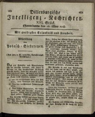 XXI. Stück. Sonnabends den 26. May 1798.