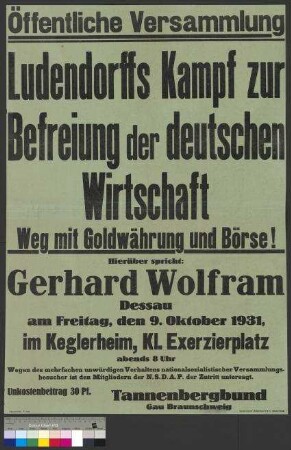 Plakat des Tannenbergbundes zu einer öffentlichen Versammlung am 9. Oktober 1931 in Braunschweig