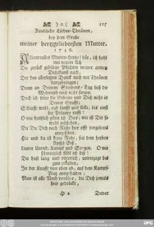 Kindliche Liebes-Thränen, bey dem Grabe meiner hertzgeliebtesten Mutter. 1746.