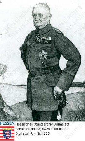 Bülow, Karl Graf v. (1846-1921) / Porträt in Uniform, vor Landschaftskulisse stehend, Kniestück